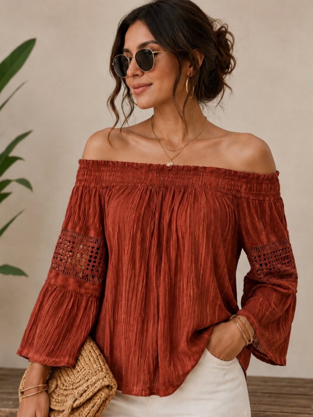 Pinky Rust Boho Off Shoulder Bell Sleeve Top NWT Size S